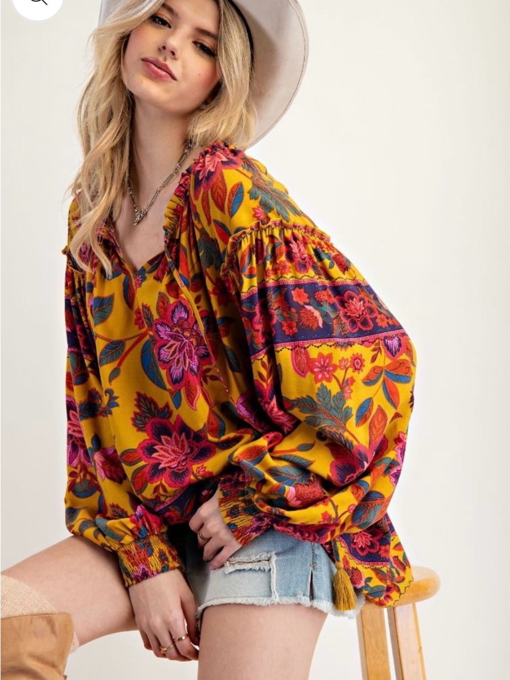 easel Mustard Floral Balloon Sleeve Blouse